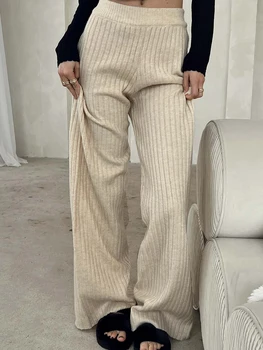 Женские широкие брюки из цельного ребристого трикотажа с эластичной резинкой на талии, широкие брюки-свитера спереди, длинные брюки Palazzo Lounge