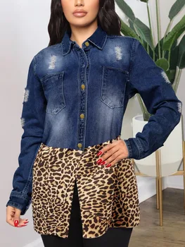 ДВ плюс размер повседневная с леопардовым принтом рваные джинсовые пальто 2023 осень-зима с длинным рукавом лоскутное regular fit джинсы верхняя одежда
