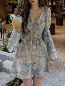 CJFHJE, Французское вечернее мини-платье, женское Базовое Тонкое Элегантное платье с цветочным рисунком, Пляжное Цельное платье, Корейские Офисные платья для леди