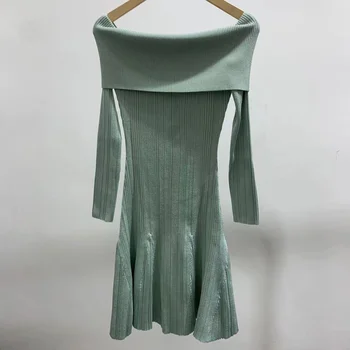 Женское вязаное платье с длинными рукавами и открытыми плечами, вязаное тонкое элегантное мини-платье, женское