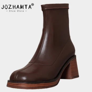 JOZHAMTA/ Размеры 34-42; Женские эластичные ботинки; Классическая зимняя обувь на толстом высоком каблуке; Женские повседневные ботильоны на платформе с квадратным носком;