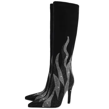 Новые модные женские ботфорты выше колена для женщин с острым носком на тонком каблуке Botas Mujer 2023 Обувь на высоком каблуке с кристаллами пламени