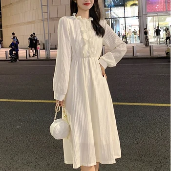 Элегантное платье во французском стиле с длинными рукавами абрикосового цвета, весна и осень, новое милое модное элегантное повседневное длинное платье в корейском стиле