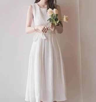 Новое летнее белое платье с шифоновым ремешком, маленькое и элегантное, тонкое, длинное французское