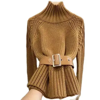 Модный дизайн, Женский свитер, пуловер, осенне-зимняя вязаная куртка с высоким воротом, женские трикотажные топы, Нижняя рубашка