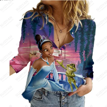 Хит продаж, женская рубашка с длинным рукавом на пуговицах Disney Princess, Темперамент, 3D печать, Уличная сексуальная повседневная женская шифоновая рубашка