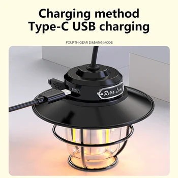 Светодиодный фонарь для кемпинга, винтажный 200ЛМ Портативный фонарь для кемпинга, Бесступенчатое затемнение Type-C USB, перезаряжаемый для приключений на открытом воздухе