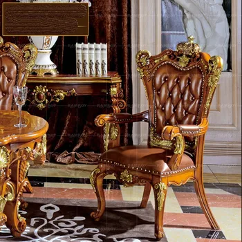изготовленный на заказ обеденный стул для виллы в европейском стиле, французская резная кожаная книжка из массива дерева, американский темный роскошный досуг