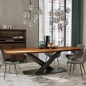 Обеденный стол в скандинавском стиле, Комбинированный Прямоугольник, массив Дерева, Креативный дизайнер, Черная углеродистая сталь, Современный Минималистичный кухонный стол