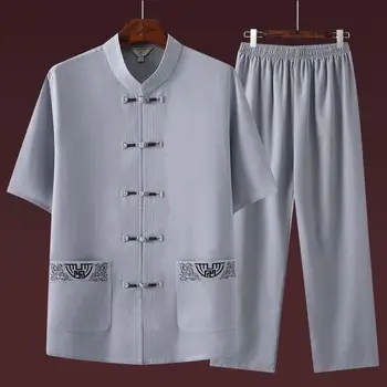Традиционный китайский комплект одежды для мужчин, униформа для тайцзицюань кунфу для взрослых, льняные повседневные китайские костюмы с вышивкой с коротким рукавом