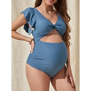 Купальник для беременных женщин 2023, Модный однотонный цельный бикини с рюшами, сексуальное монокини с V-образным вырезом и открытой спиной, пляжная одежда