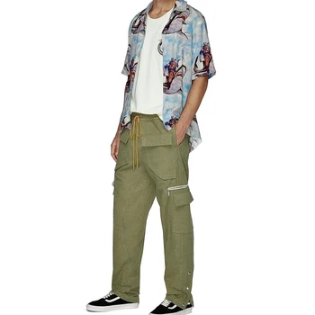 Винтажные брюки-карго RHUDE High Street с несколькими карманами на молнии и пуговицах, мужские и женские повседневные брюки на завязках из 100% хлопка.