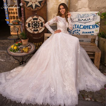 Alonlivn Элегантные кружевные платья для невесты с аппликацией, Длинные рукава в пол, свадебные платья без спинки
