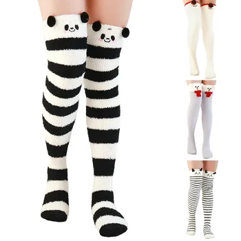 Домашние носки выше колена с мультяшным рисунком, зимние носки, женские теплые Высокие Леггинсы, Теплые носки