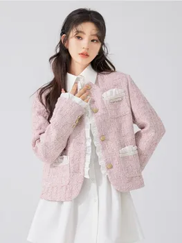 Твидовые куртки Pink Girls Sweet Small Fragrance Для женщин 2023, осень-зима, Корейское модное шерстяное пальто, Французские элегантные Chaquetas