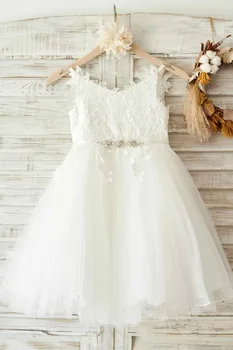 Элегантное белое кружевное платье для девочек в цветочек из тюля С кружевными аппликациями с V-образным вырезом и застежкой-молнией сзади, подходит для свадебной вечеринки, дня рождения.