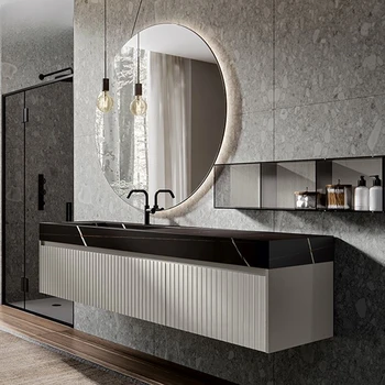 Встроенный шкаф для ванной комнаты из каменной плиты, современная роскошная комбинация умывальников, умывальник для ванной комнаты в скандинавском стиле из массива дерева на заказ