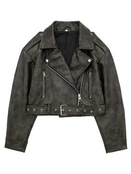 TRAF 2023, Женская черная куртка из искусственной кожи с поясом, Корейский стиль, длинный рукав, Свободный укороченный топ, пальто на молнии, Осенне-зимняя верхняя одежда
