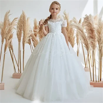 Платье для девочки в цветочек, Белое пышное свадебное платье из тюля, расшитое бисером, с коротким рукавом, Элегантное детское платье в цветочек для первого причастия
