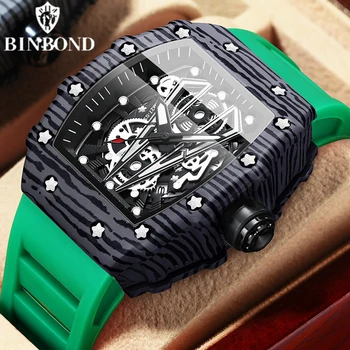 Мужские часы бренда BINBOND, часы с властным стволом, Изогнутое зеркало, полая поверхность, спортивные мужские часы, силикон, пригодный для международной торговли