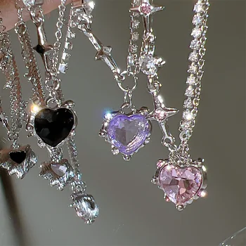 Y2K Розовое Хрустальное ожерелье в виде сердца, модные Kpop Блестящие ожерелья-цепочки на ключицах для женщин и девочек, Новый тренд, Подарки для вечеринок, ювелирные изделия 2023