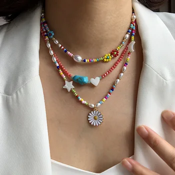 Богемное ожерелье из разноцветных хрустальных цветов, украшенное бисером для женщин, Модное Бирюзовое колье с жемчугом в виде ракушки, подарок для летней вечеринки