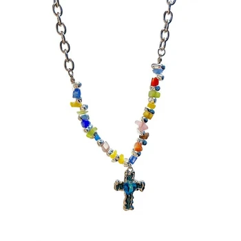 Красочное каменное ожерелье с подвеской в виде креста, религиозные украшения, колье с подвеской в виде креста, ожерелье-цепочка из титановой стали