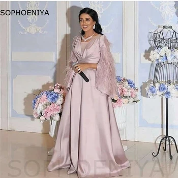 Новое поступление вечернее платье с V-образным вырезом и длинным рукавом 2023, вечерние платья Abaya Dubai из атласных перьев, длинный халат большого размера