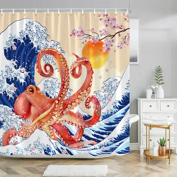 Занавеска для душа в японском стиле, рыбки Кои, Вишневый цвет, Солнце, морская волна, пейзаж с осьминогом, занавески из полиэстеровой ткани для декора ванной комнаты