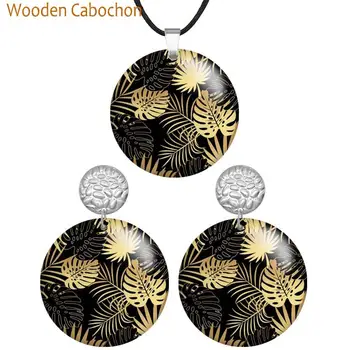 Арт-изображение Golden Leaves, Круглые деревянные ожерелья и серьги с подвесками для женщин, наборы украшений для пирсинга из нержавеющей стали S0551