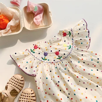 INS детское красочное платье для девочек в горошек, расшитое тюльпанами, летняя юбка милой принцессы с расклешенными рукавами 2023 г.