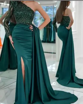 Зеленые винтажные платья для выпускного вечера с высоким разрезом сбоку на одно плечо, вечерние женские платья для вечеринок, вечерние платья De Soirée в стиле русалки