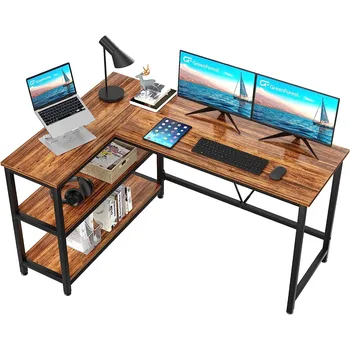 L-образный письменный стол GreenForest 51x35,4 дюйма, реверсивный угловой компьютерный игровой стол с полками для хранения, ореховый орех