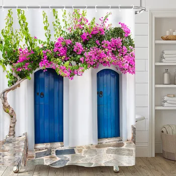 Уличный пейзаж греческого города, занавеска для душа, Синие деревянные двери, Цветочное растение, декор ванной комнаты, подвесная занавеска для ванны, ширма с крючками