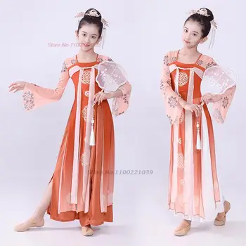 2023 детское платье hanfu, древнекитайский народный танцевальный костюм, национальный цветочный принт, танцевальные топы сказочной принцессы + брюки