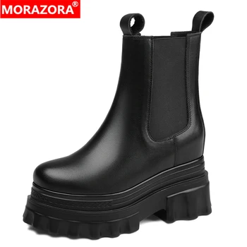 MORAZORA 2023, Новые ботинки из натуральной кожи, женские ботильоны с толстым дном, черные ботинки Челси на танкетке и платформе, женская обувь