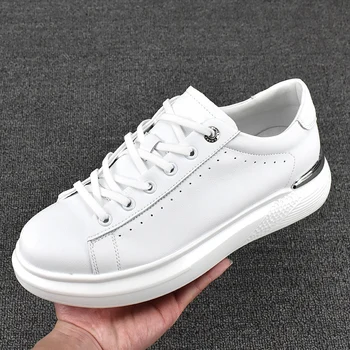 Корейский дизайн, мужская повседневная белая обувь, обувь на плоской подошве из натуральной кожи на шнуровке, дышащие кроссовки на платформе, уличная обувь для мужчин
