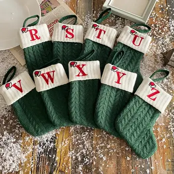 Рождественские носки со шляпками, праздничные вязаные чулки с яркими вышитыми буквами для рождественских украшений, пакеты для рождественских подарков