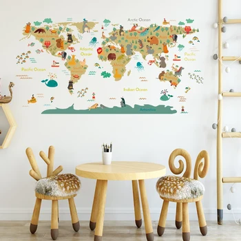 Наклейки на стену с мультяшными животными, картой мира, обои своими руками для детской комнаты, спальни, детской, декора стен, наклейки на стены, домашнего декора