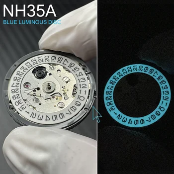 Японский подлинный механизм с автоподзаводом NH35 Синяя светящаяся версия 3H Datewheel 24 драгоценных камня Детали высокой точности Механизм NH35A/4R35