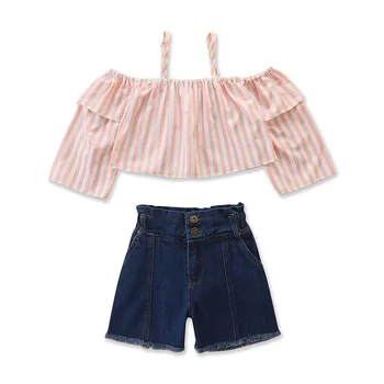 Летний комплект для девочек, Розовая блузка + хлопковые джинсовые шорты, костюмы для детей, модный комплект детской одежды