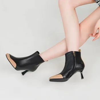 Дизайнерская женская обувь из натуральной кожи, ботильоны с квадратным носком на тонком каблуке, модные современные ботинки ручной работы, темпераментные зимние ботинки