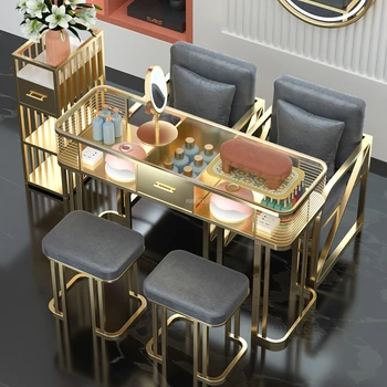 Итальянские роскошные Стеклянные маникюрные столики Золотого цвета с выдвижными ящиками Маникюрные столики Современная салонная мебель Стол и стул для салона красоты Комплект B