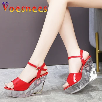 Сандалии на танкетке с кристаллами, летние водонепроницаемые туфли на платформе, противоскользящие туфли на высоком каблуке 10,5 СМ, Модельные туфли для показа мод, Красные фирменные свадебные туфли-лодочки
