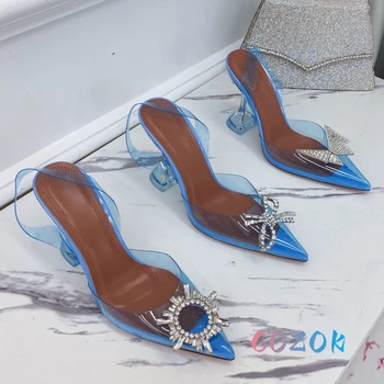 Летние пикантные прозрачные туфли из ПВХ с острым носком и бабочкой, формальные босоножки на высоком каблуке с ремешком сзади, женская обувь для ночного клуба