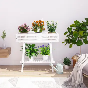 Белая полка для растений В помещении, 2-Ярусный Высокий Стол-Подставка для Нескольких Растений, Столик для Растений на окне