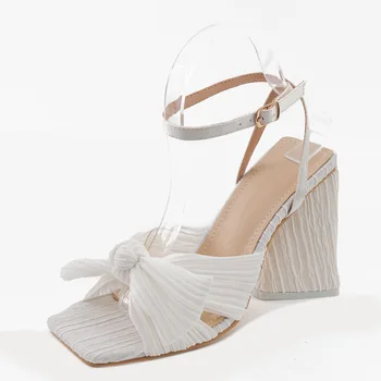 Новые женские летние босоножки на высоком каблуке, украшенные узлом бабочки, Сандалии с квадратным носком, милые Zapatos, Элегантная модная женская обувь