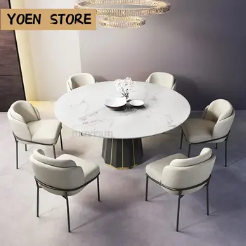 Обеденный стол с мраморной столешницей из черного камня большого круга в скандинавском стиле с поворотным столом, Обеденные стулья в загородном стиле на 8 персон, Ресторанная мебель