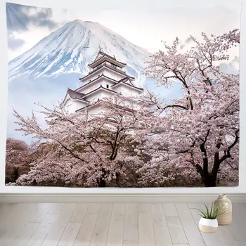 Гобелен с сакурой, розовые японские гобелены с цветами сакуры, весенний пейзаж с закатом, гобелен на стену для украшения спальни