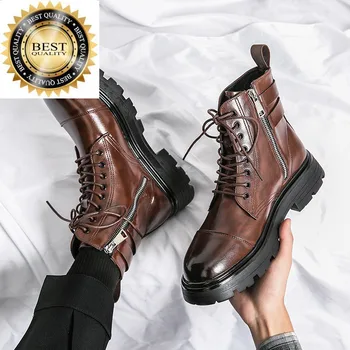 Кожаные Мужские ботинки из натуральной коричневой кожи, новое поступление, Удобные повседневные рабочие ботинки на платформе с застежкой-молнией, ботильоны 2023 года, Bota Masculina